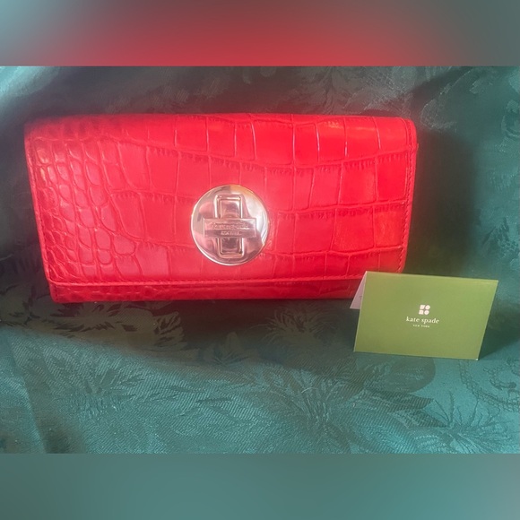 Kate Spade Red/ Coral Croc-Embossed Clutch - Picture 1 of 7